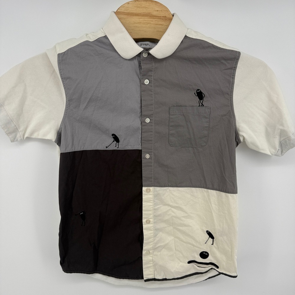 Graniph Mens Size M‎ Colorblock Short Sleeve Button Up Shirt Embroidered Figures